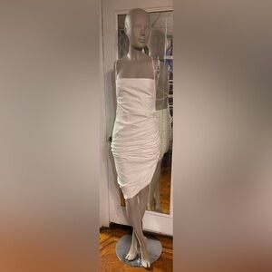 Elegant Off-White Ruched Dress with asymmetrical hem line and sexy laced up back